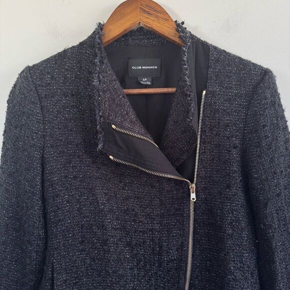 Club Monaco Women's Black Sparkly Fringed Tweed Moto Jacket Zippered Size Small - Picture 3 of 8